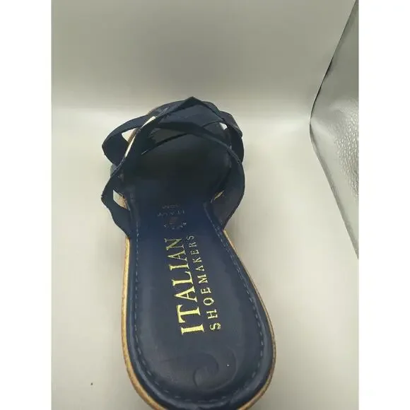 Italian Shoemakers Woman 10 Blue Elastic Straps Wedge Sandals Slide Slip On - Picture 3 of 9